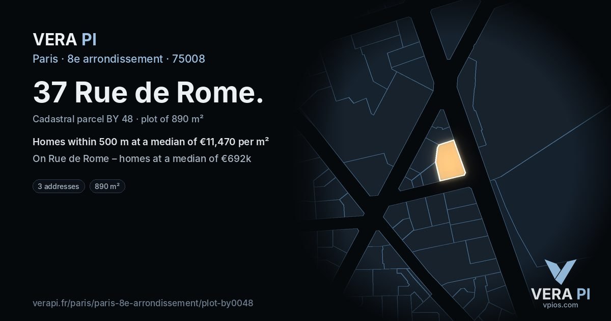 37 Rue de Rome, 8e arrondissement at night – the plot lit, the parcels around coloured by the prices near them