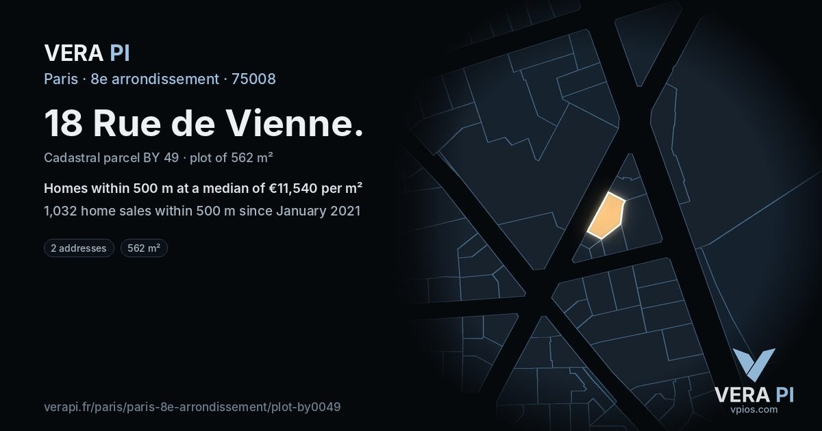 18 Rue de Vienne, 8e arrondissement at night – the plot lit, the parcels around coloured by the prices near them