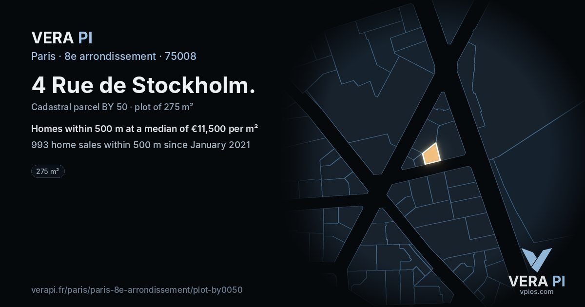 4 Rue de Stockholm, 8e arrondissement at night – the plot lit, the parcels around coloured by the prices near them