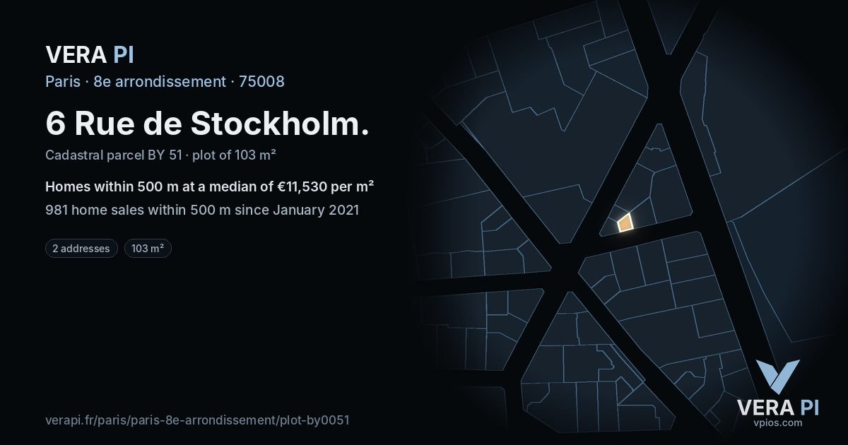6 Rue de Stockholm, 8e arrondissement at night – the plot lit, the parcels around coloured by the prices near them