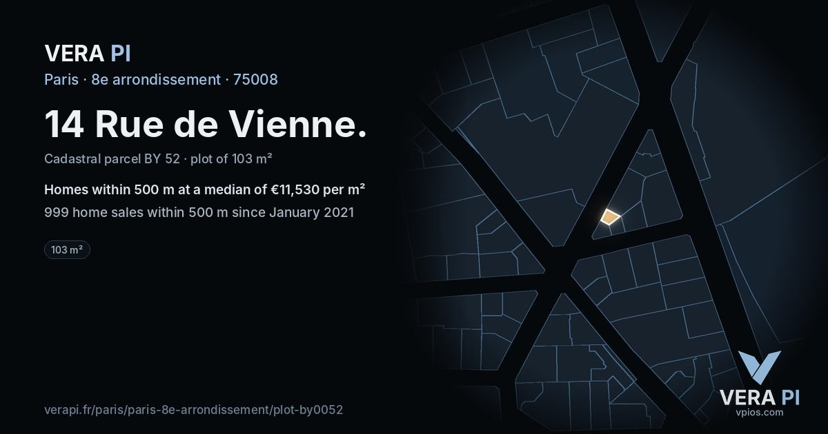 14 Rue de Vienne, 8e arrondissement at night – the plot lit, the parcels around coloured by the prices near them