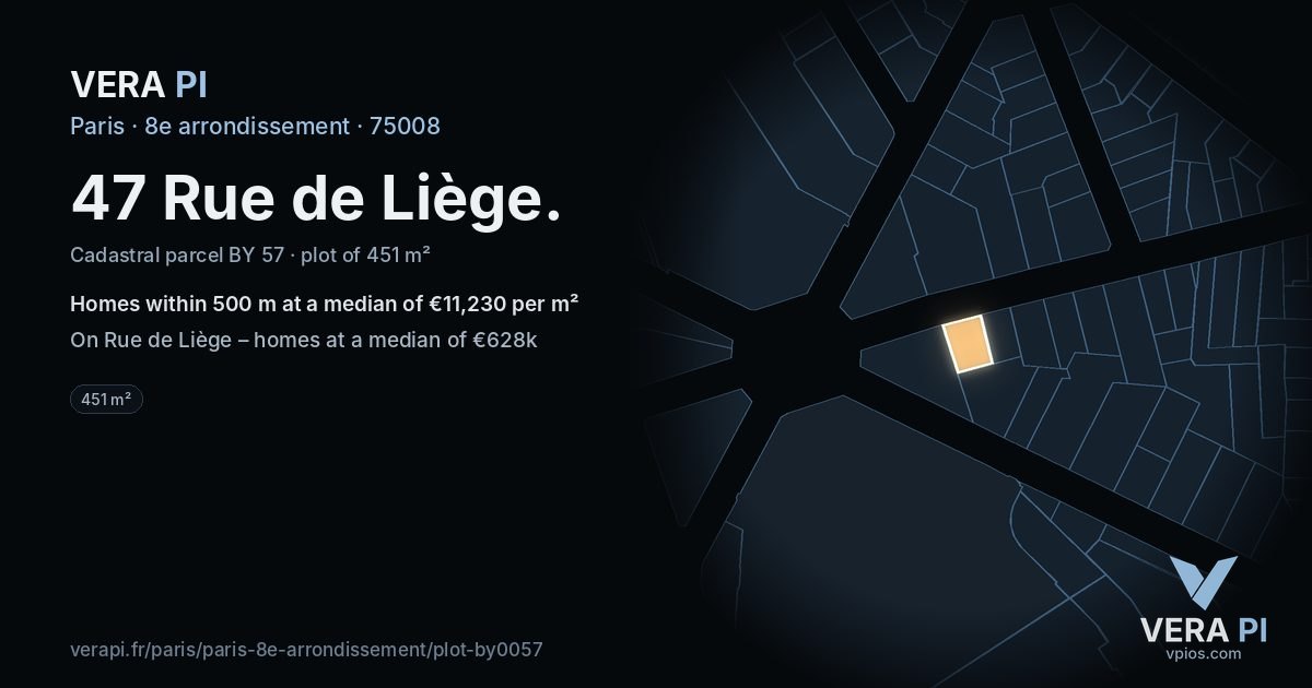 47 Rue de Liège, 8e arrondissement at night – the plot lit, the parcels around coloured by the prices near them