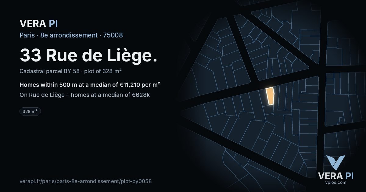 33 Rue de Liège, 8e arrondissement at night – the plot lit, the parcels around coloured by the prices near them