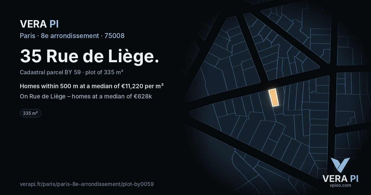 35 Rue de Liège, 8e arrondissement at night – the plot lit, the parcels around coloured by the prices near them
