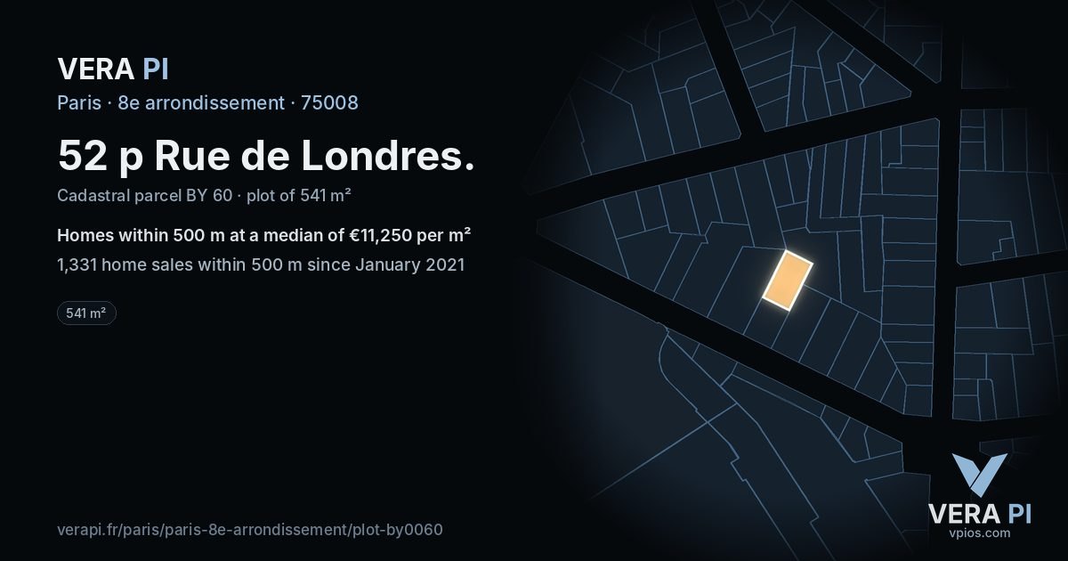 52 p Rue de Londres, 8e arrondissement at night – the plot lit, the parcels around coloured by the prices near them