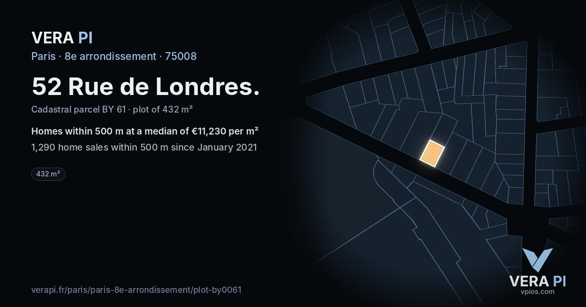 52 Rue de Londres, 8e arrondissement at night – the plot lit, the parcels around coloured by the prices near them