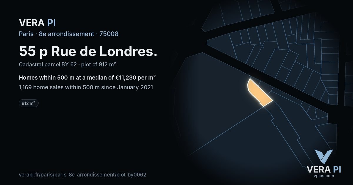 55 p Rue de Londres, 8e arrondissement at night – the plot lit, the parcels around coloured by the prices near them