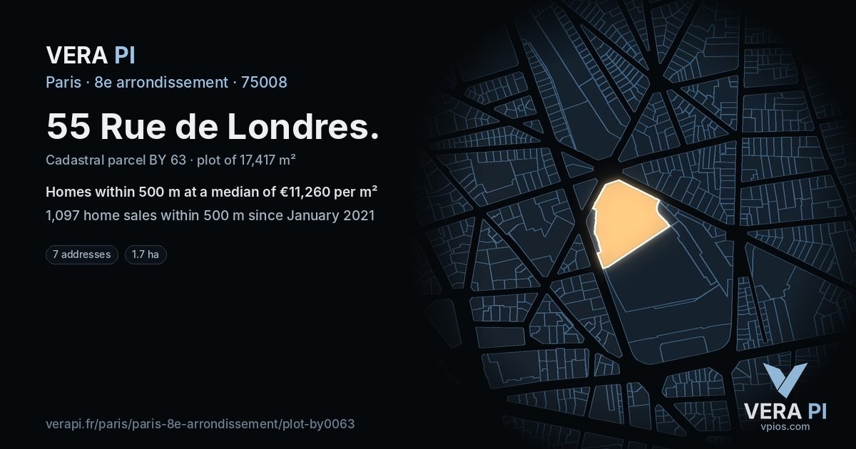 55 Rue de Londres, 8e arrondissement at night – the plot lit, the parcels around coloured by the prices near them
