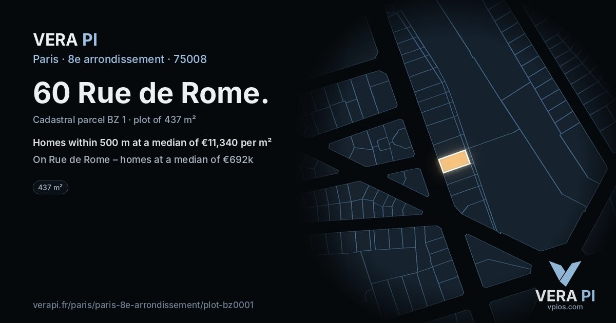 60 Rue de Rome, 8e arrondissement at night – the plot lit, the parcels around coloured by the prices near them