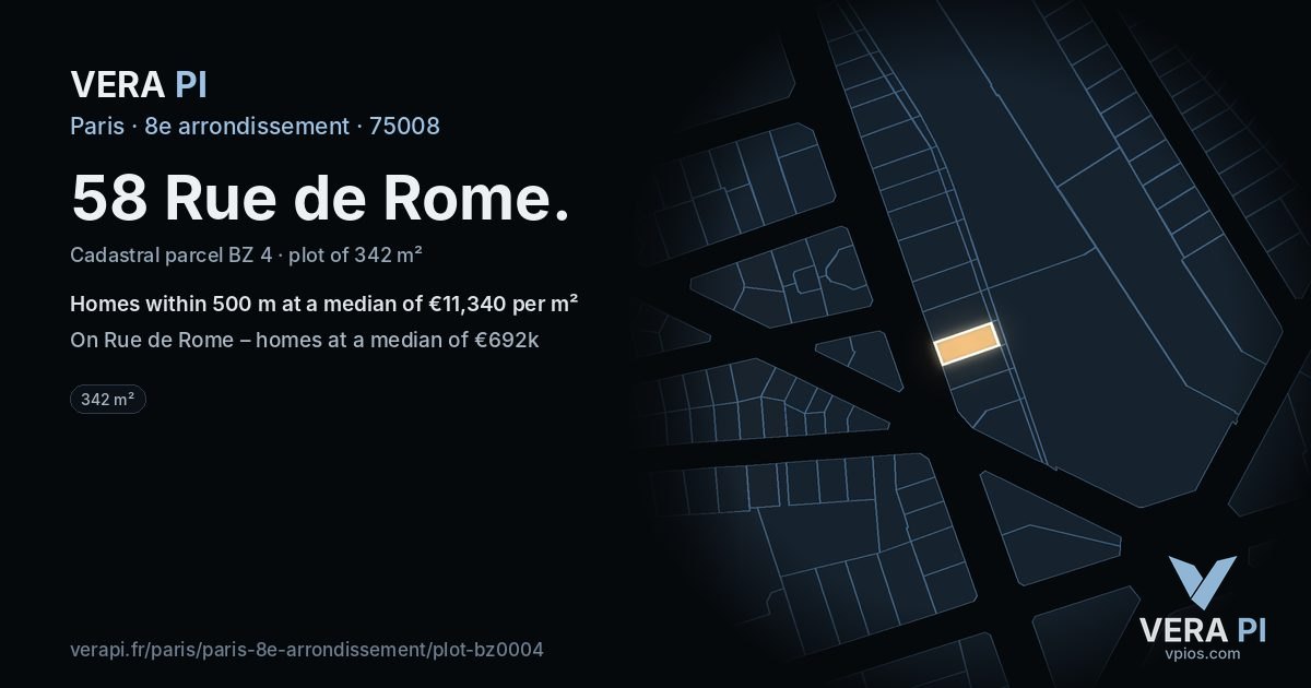 58 Rue de Rome, 8e arrondissement at night – the plot lit, the parcels around coloured by the prices near them