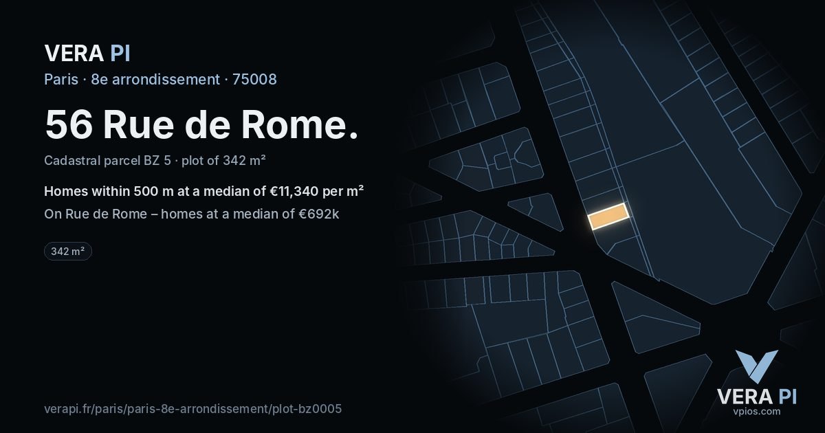 56 Rue de Rome, 8e arrondissement at night – the plot lit, the parcels around coloured by the prices near them