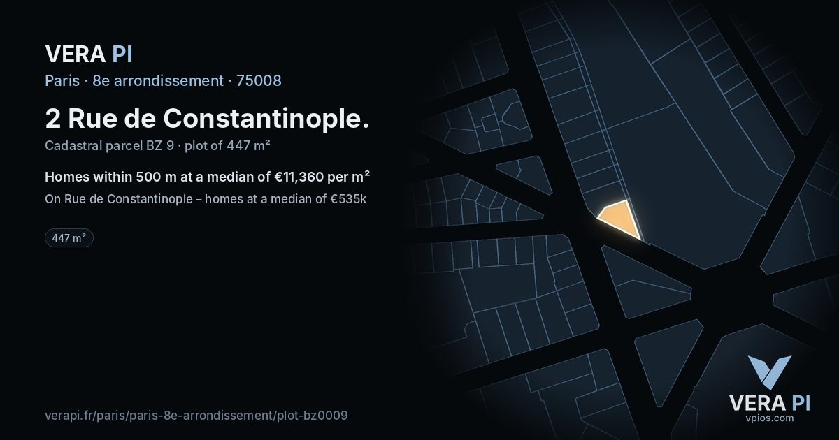 2 Rue de Constantinople, 8e arrondissement at night – the plot lit, the parcels around coloured by the prices near them