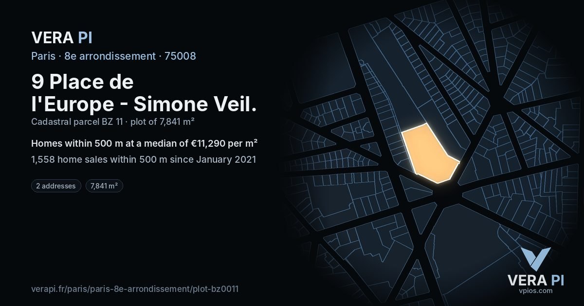 9 Place de l'Europe - Simone Veil, 8e arrondissement at night – the plot lit, the parcels around coloured by the prices near them