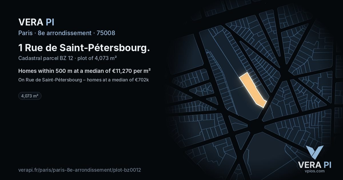 1 Rue de Saint-Pétersbourg, 8e arrondissement at night – the plot lit, the parcels around coloured by the prices near them