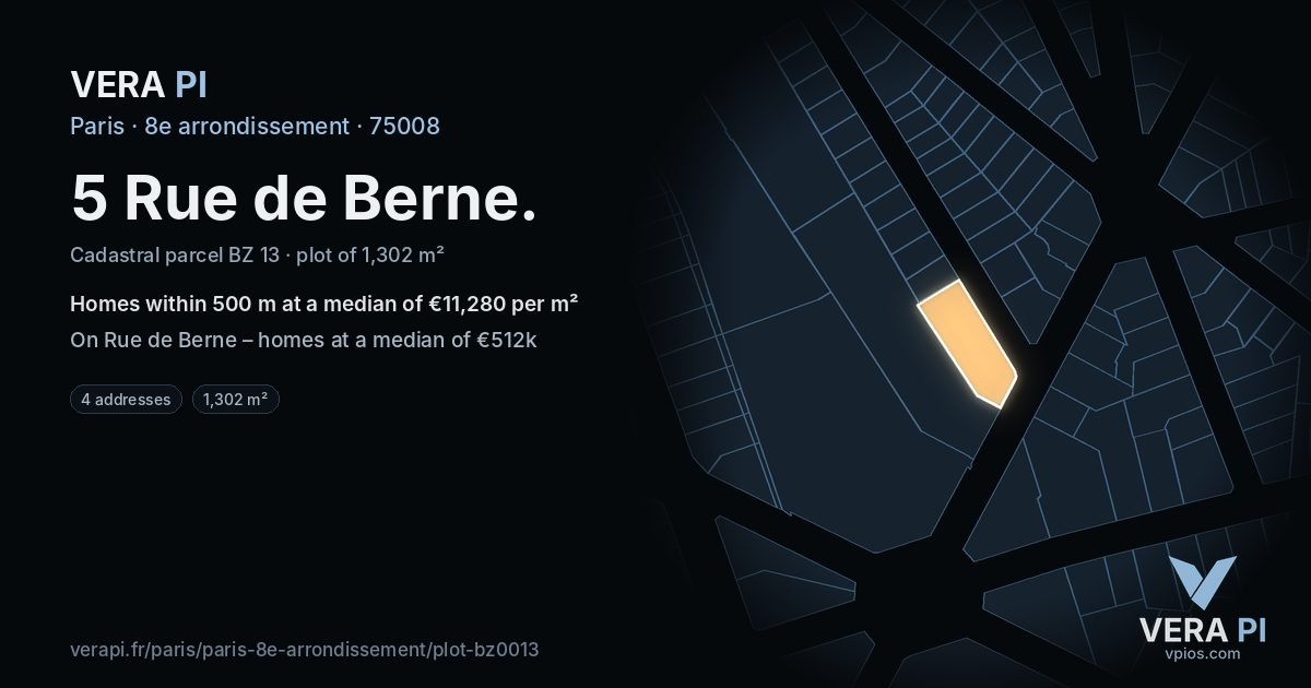 5 Rue de Berne, 8e arrondissement at night – the plot lit, the parcels around coloured by the prices near them
