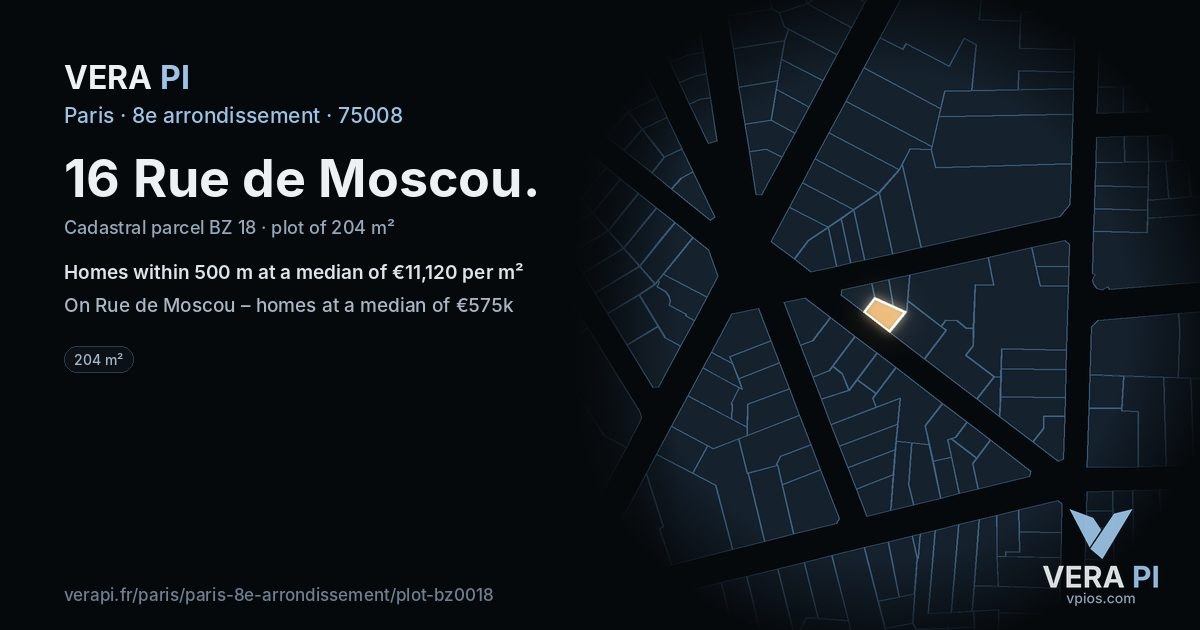 16 Rue de Moscou, 8e arrondissement at night – the plot lit, the parcels around coloured by the prices near them