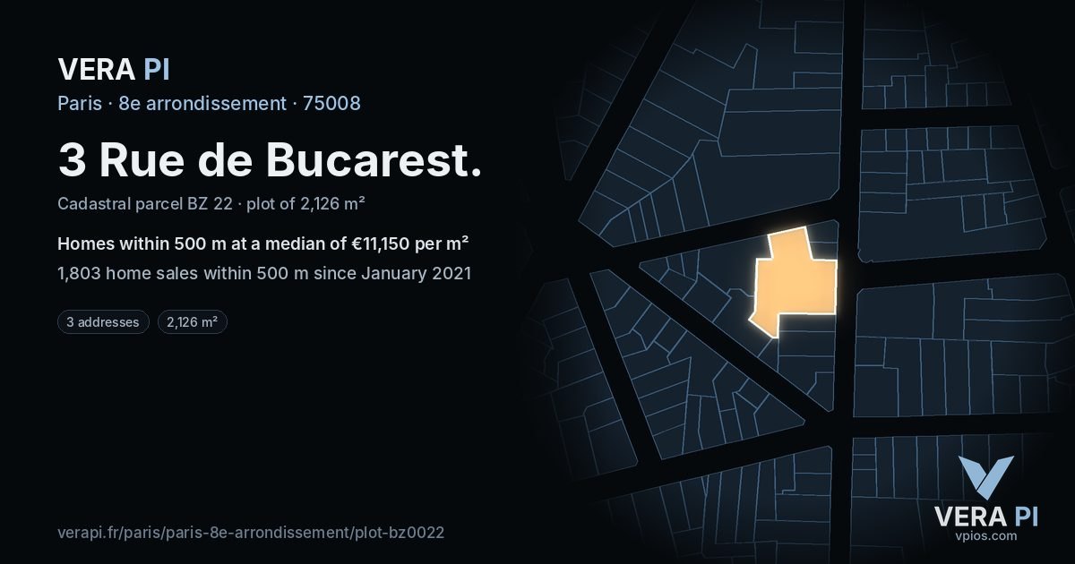 3 Rue de Bucarest, 8e arrondissement at night – the plot lit, the parcels around coloured by the prices near them