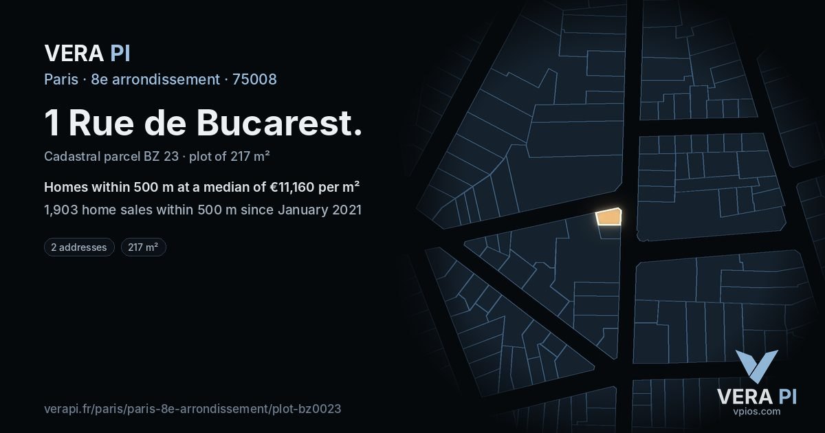 1 Rue de Bucarest, 8e arrondissement at night – the plot lit, the parcels around coloured by the prices near them