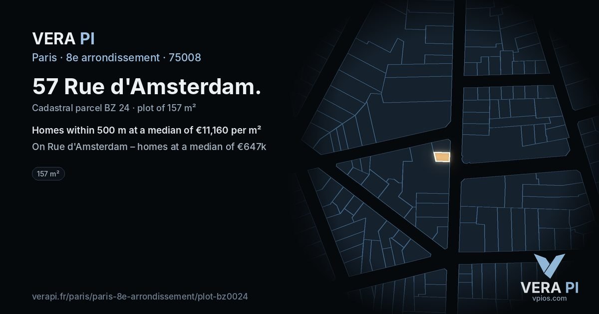 57 Rue d'Amsterdam, 8e arrondissement at night – the plot lit, the parcels around coloured by the prices near them