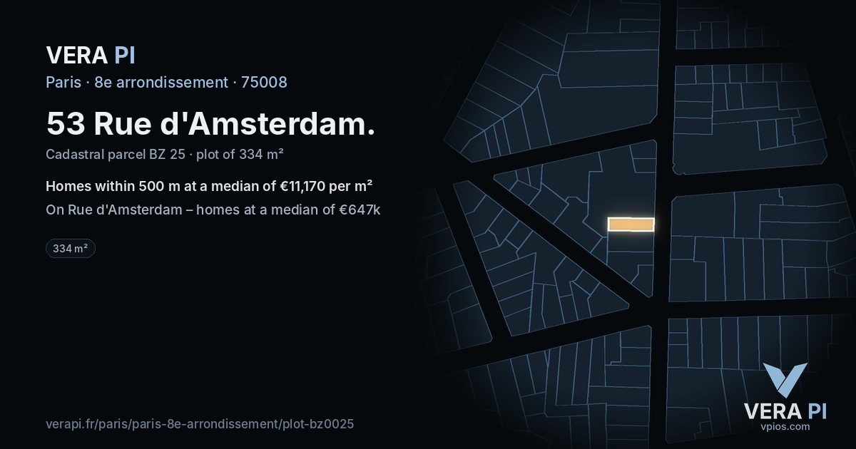 53 Rue d'Amsterdam, 8e arrondissement at night – the plot lit, the parcels around coloured by the prices near them