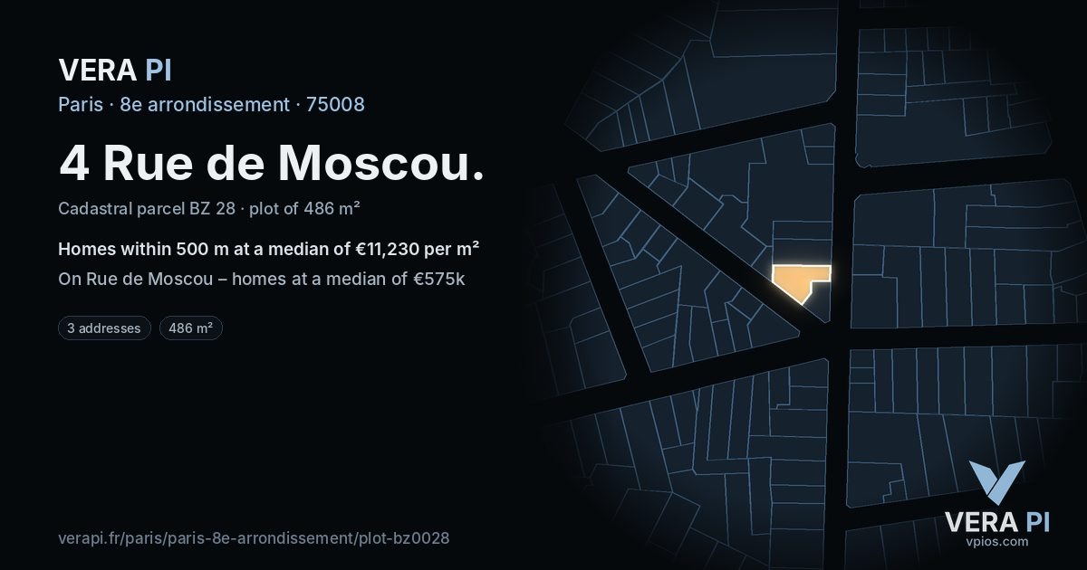 4 Rue de Moscou, 8e arrondissement at night – the plot lit, the parcels around coloured by the prices near them