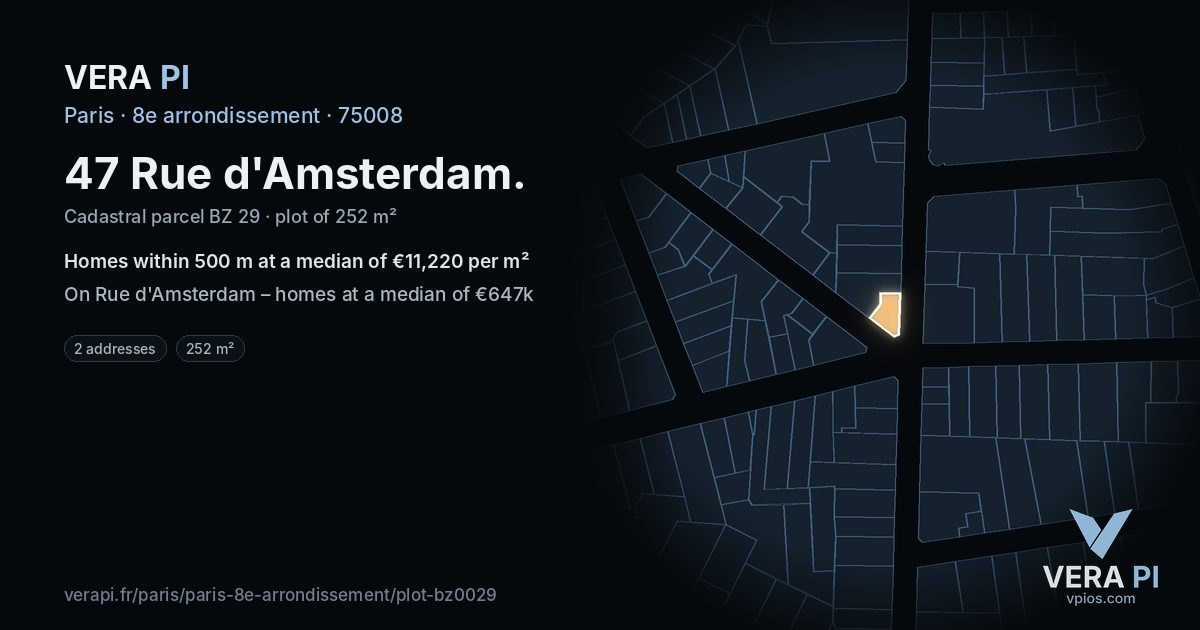 47 Rue d'Amsterdam, 8e arrondissement at night – the plot lit, the parcels around coloured by the prices near them