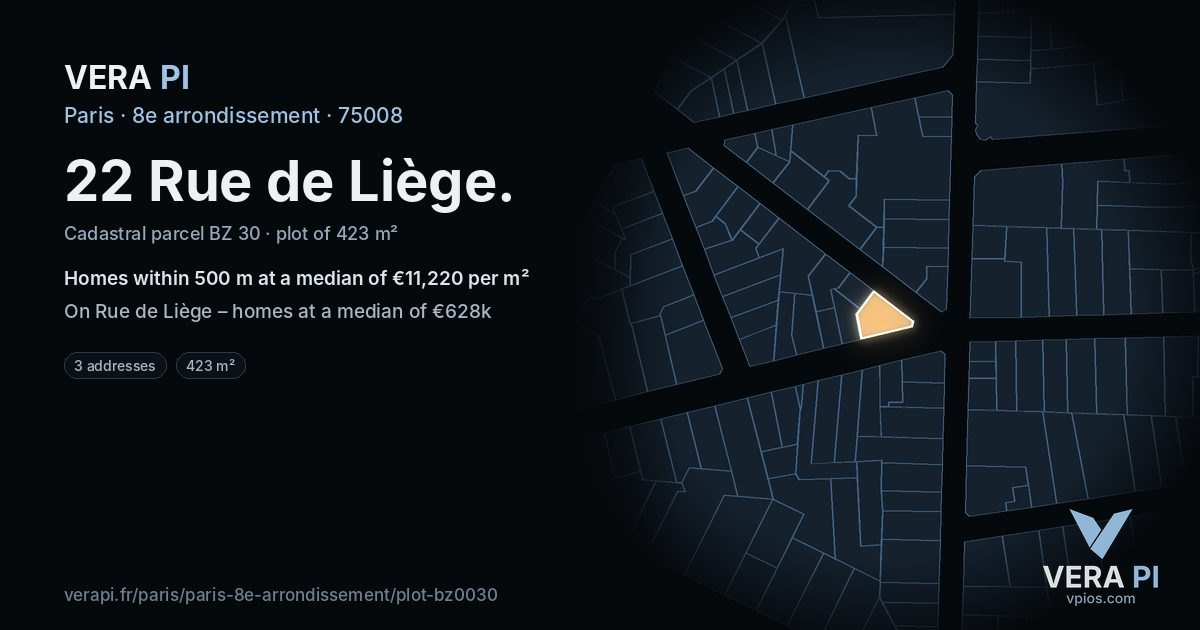 22 Rue de Liège, 8e arrondissement at night – the plot lit, the parcels around coloured by the prices near them