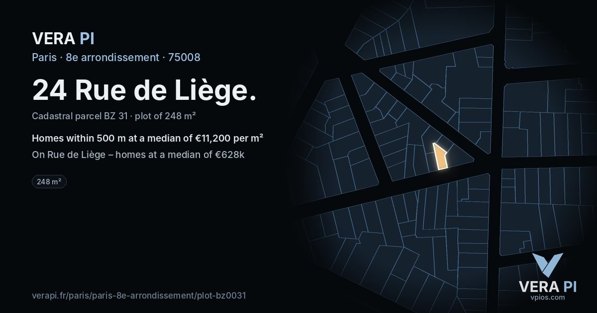 24 Rue de Liège, 8e arrondissement at night – the plot lit, the parcels around coloured by the prices near them