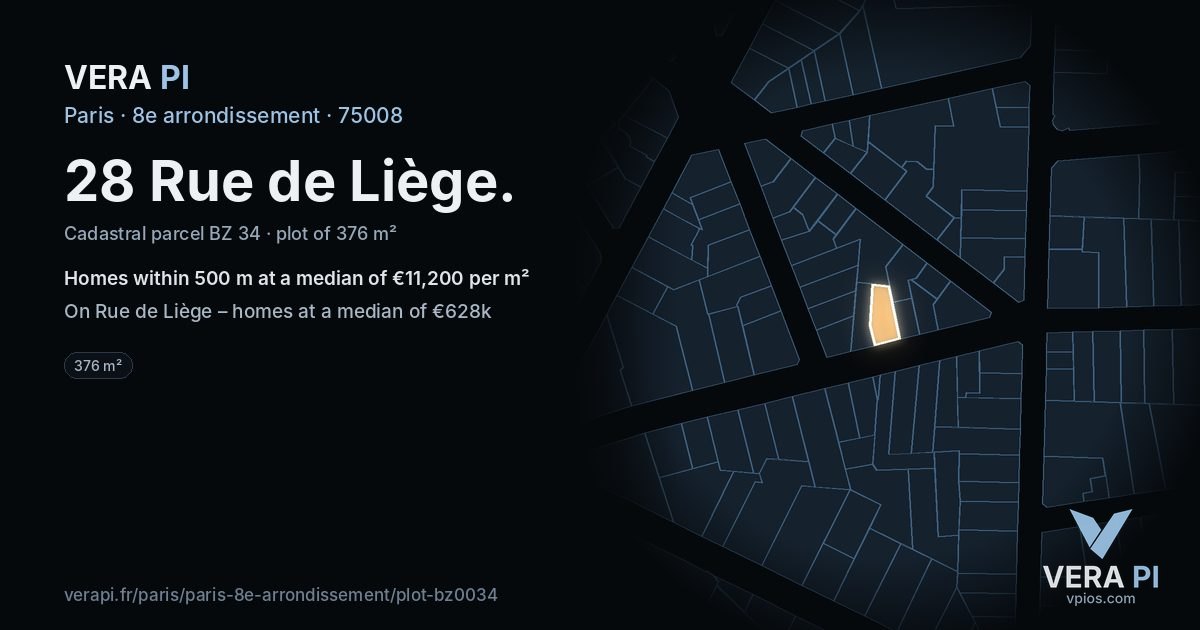 28 Rue de Liège, 8e arrondissement at night – the plot lit, the parcels around coloured by the prices near them