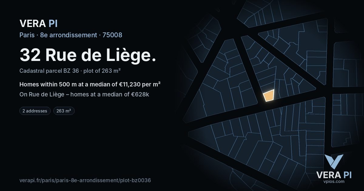 32 Rue de Liège, 8e arrondissement at night – the plot lit, the parcels around coloured by the prices near them
