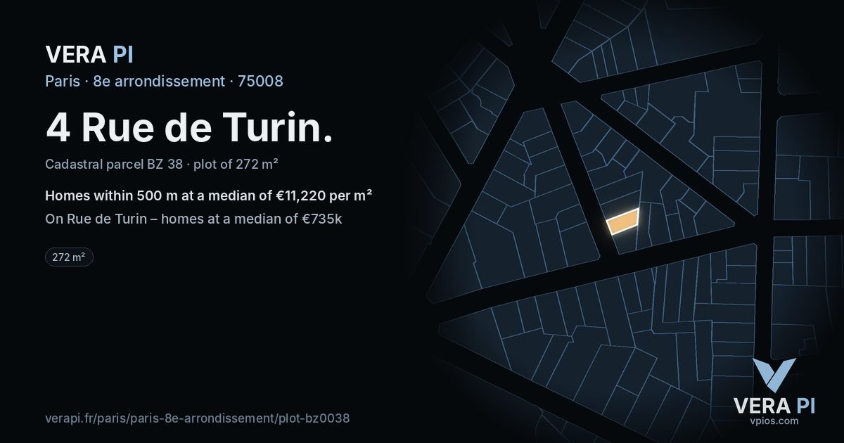 4 Rue de Turin, 8e arrondissement at night – the plot lit, the parcels around coloured by the prices near them