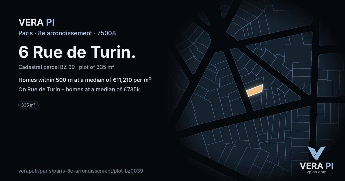 6 Rue de Turin, 8e arrondissement at night – the plot lit, the parcels around coloured by the prices near them