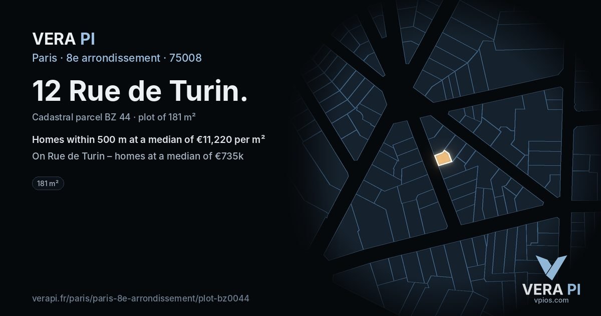 12 Rue de Turin, 8e arrondissement at night – the plot lit, the parcels around coloured by the prices near them