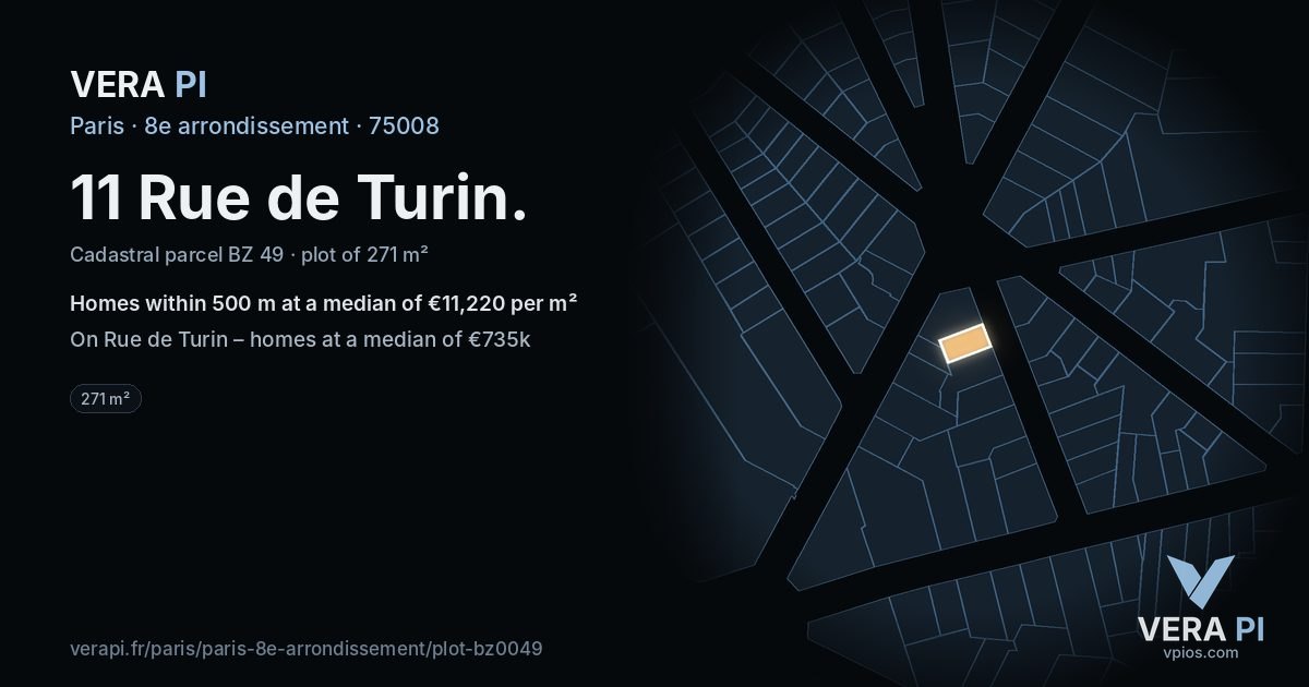 11 Rue de Turin, 8e arrondissement at night – the plot lit, the parcels around coloured by the prices near them