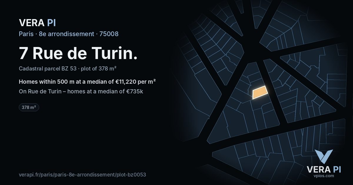 7 Rue de Turin, 8e arrondissement at night – the plot lit, the parcels around coloured by the prices near them