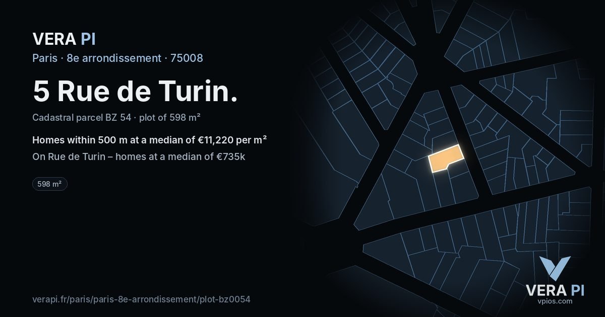 5 Rue de Turin, 8e arrondissement at night – the plot lit, the parcels around coloured by the prices near them