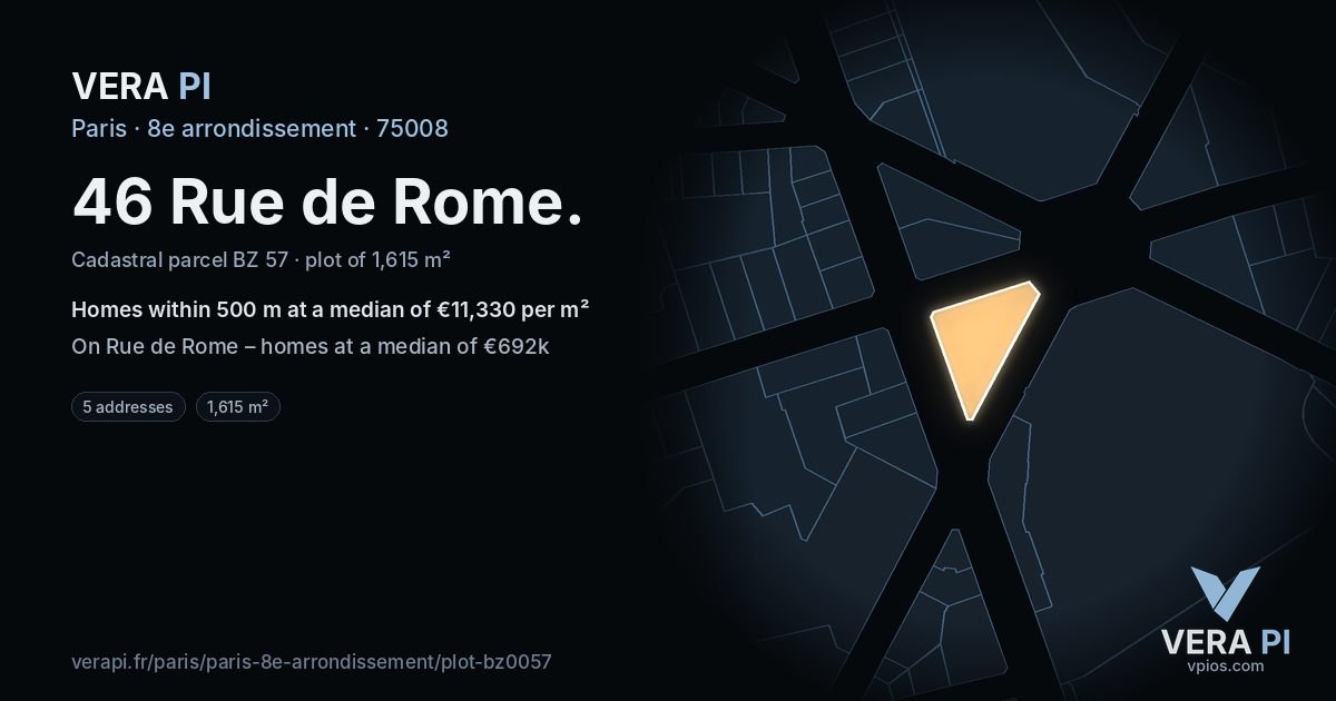 46 Rue de Rome, 8e arrondissement at night – the plot lit, the parcels around coloured by the prices near them