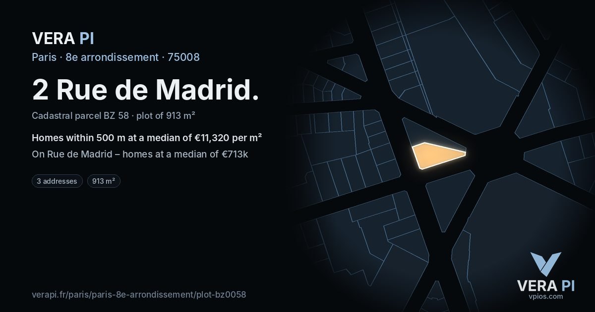 2 Rue de Madrid, 8e arrondissement at night – the plot lit, the parcels around coloured by the prices near them