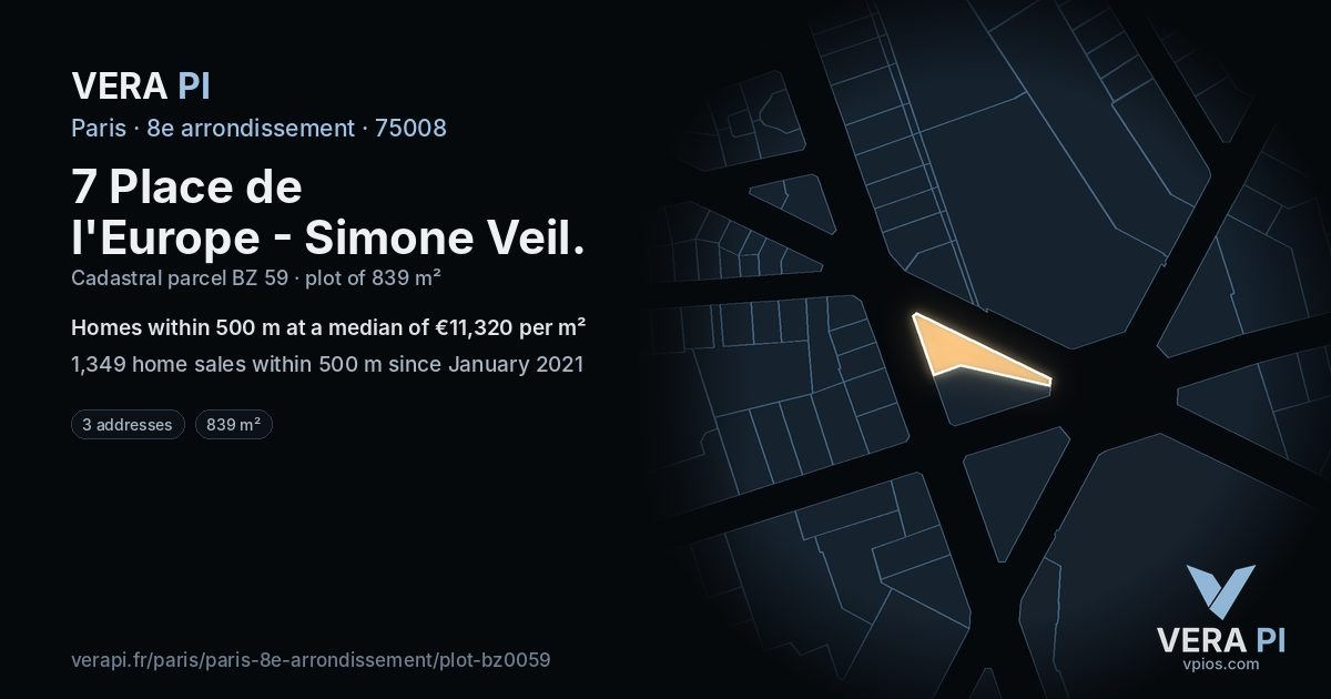 7 Place de l'Europe - Simone Veil, 8e arrondissement at night – the plot lit, the parcels around coloured by the prices near them