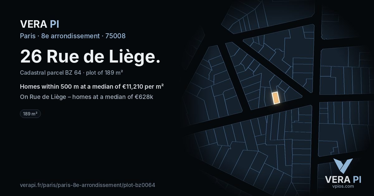 26 Rue de Liège, 8e arrondissement at night – the plot lit, the parcels around coloured by the prices near them