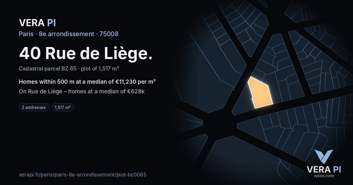 40 Rue de Liège, 8e arrondissement at night – the plot lit, the parcels around coloured by the prices near them