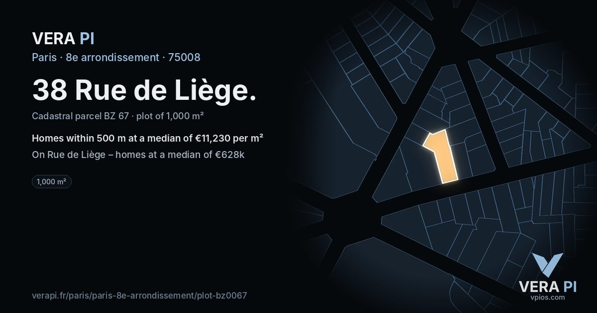 38 Rue de Liège, 8e arrondissement at night – the plot lit, the parcels around coloured by the prices near them