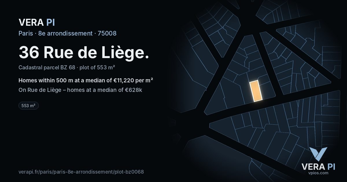 36 Rue de Liège, 8e arrondissement at night – the plot lit, the parcels around coloured by the prices near them