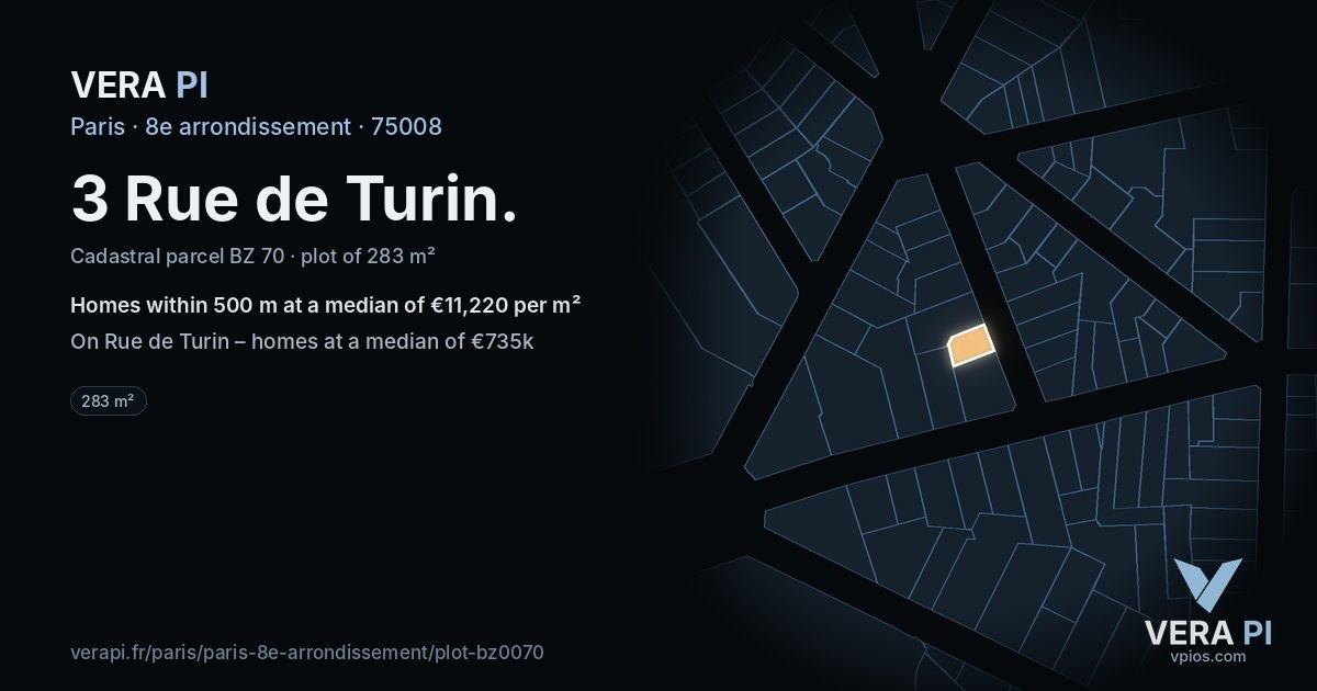 3 Rue de Turin, 8e arrondissement at night – the plot lit, the parcels around coloured by the prices near them