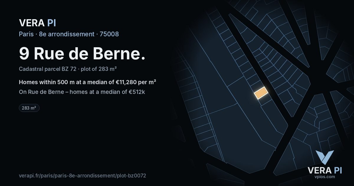 9 Rue de Berne, 8e arrondissement at night – the plot lit, the parcels around coloured by the prices near them