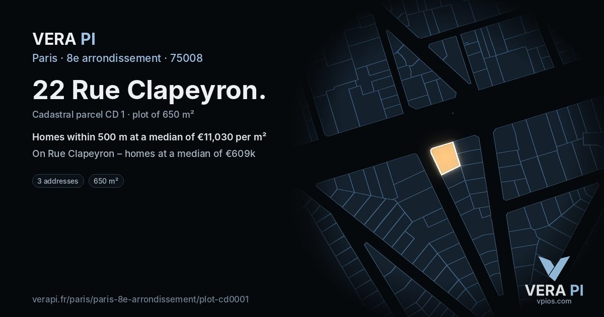 22 Rue Clapeyron, 8e arrondissement at night – the plot lit, the parcels around coloured by the prices near them