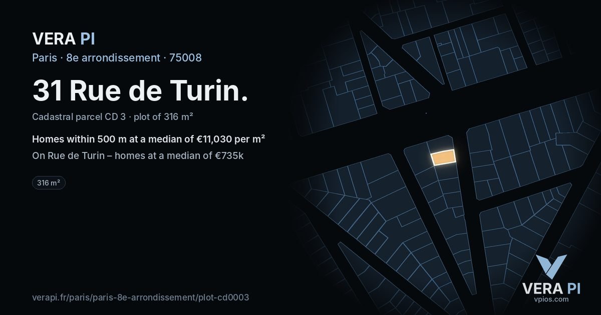 31 Rue de Turin, 8e arrondissement at night – the plot lit, the parcels around coloured by the prices near them