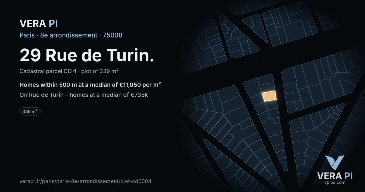 29 Rue de Turin, 8e arrondissement at night – the plot lit, the parcels around coloured by the prices near them