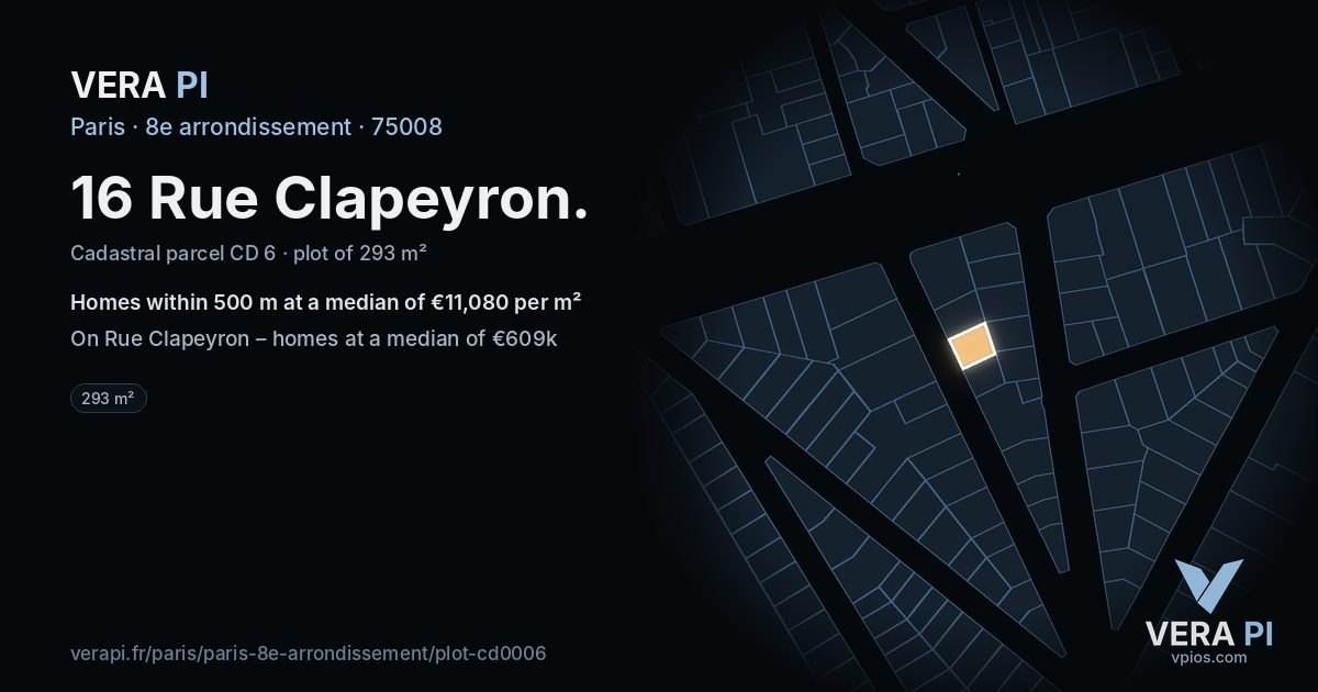 16 Rue Clapeyron, 8e arrondissement at night – the plot lit, the parcels around coloured by the prices near them