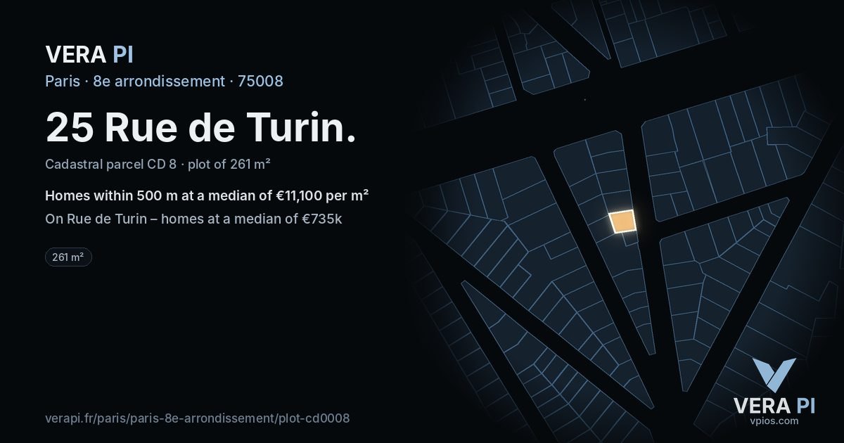 25 Rue de Turin, 8e arrondissement at night – the plot lit, the parcels around coloured by the prices near them